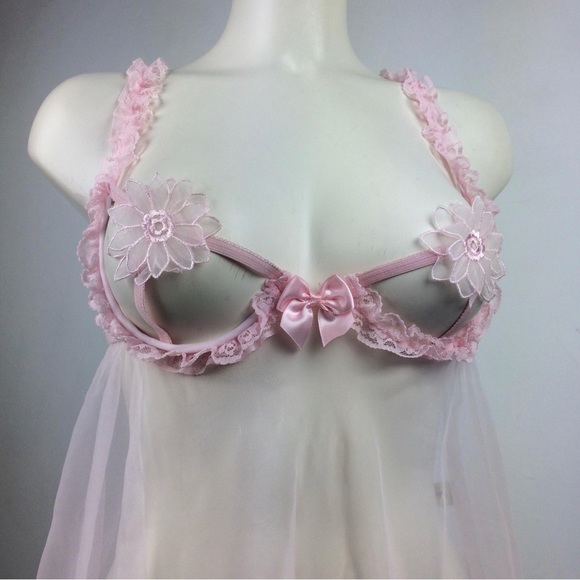 90's Pastel Baby Pink Daisy Pasties Underwire Lace Bra Babydoll Mini Dress - Picture 4 of 10